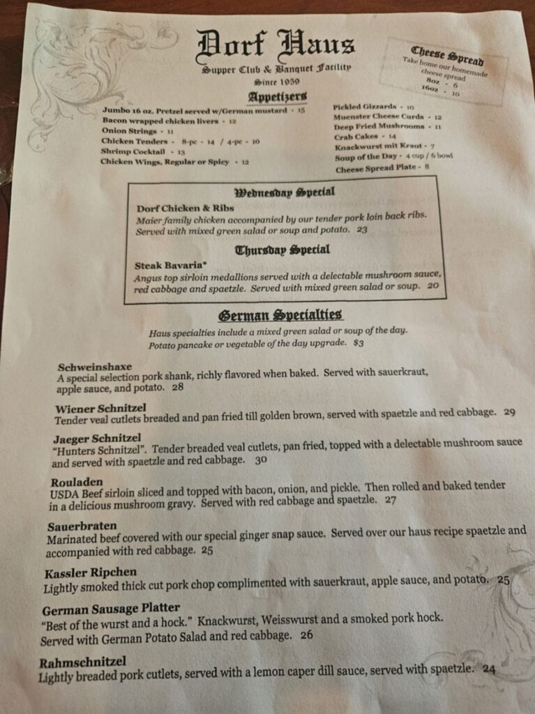 Dorf Haus Supper Club Menu 1