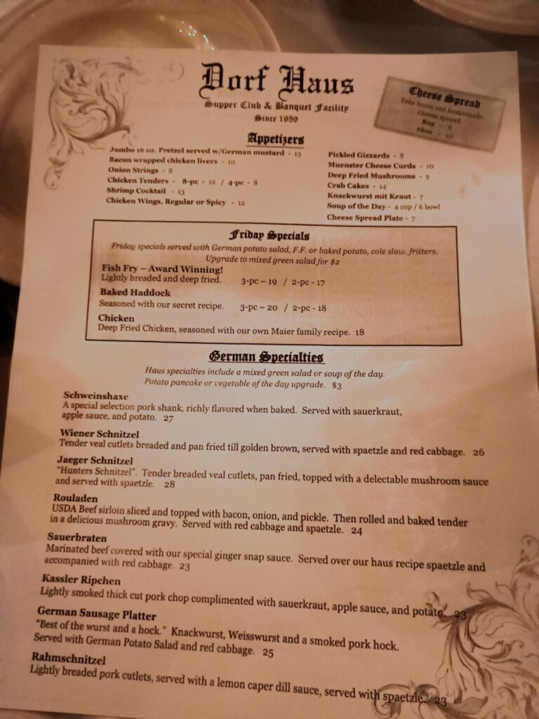 Dorf Haus Supper Club Menu 2